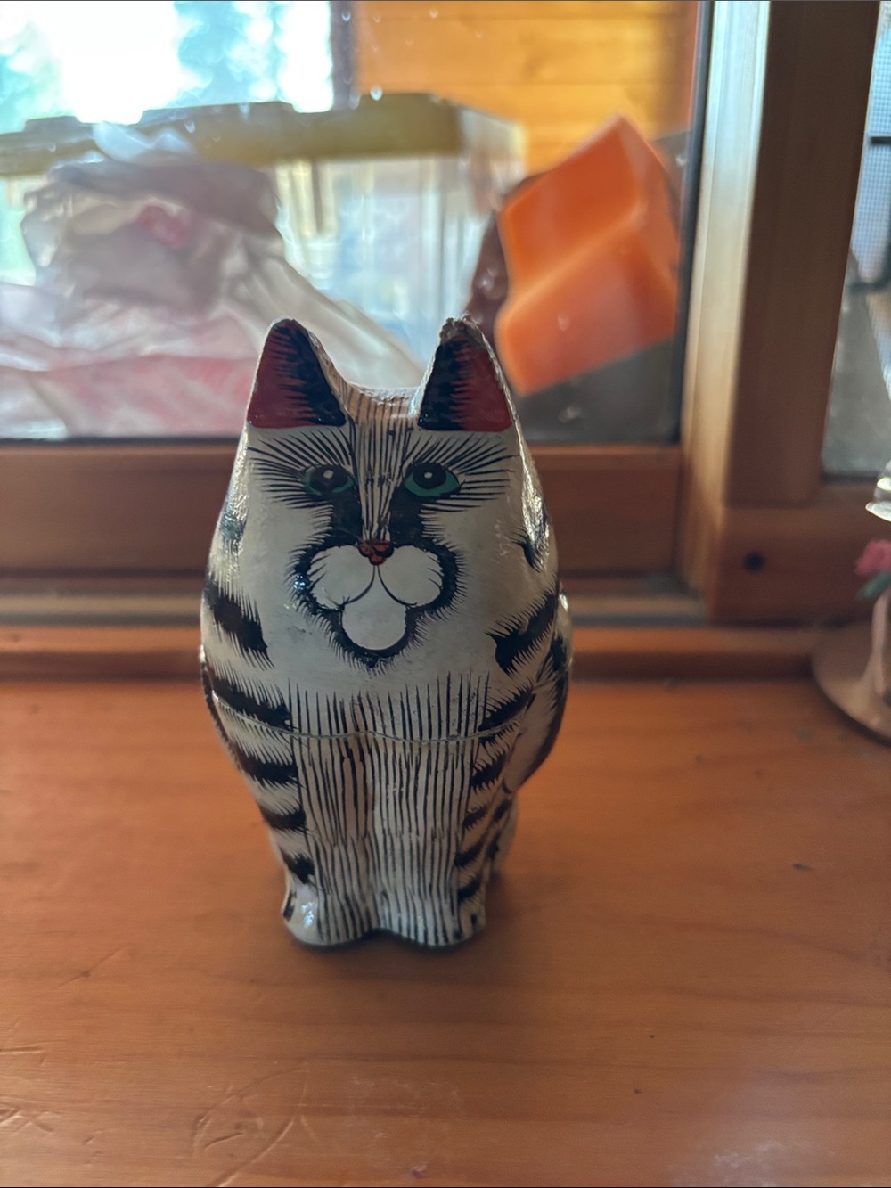 Hand-Painted White & Black Ceramic Cat Sculpture
